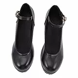 USHOBE Klobige Absatz Mary Janes Vintage Damen Leder Klassische Plattform mit Mittlerer Ferse Pumpe Schuhe Knöchel Schnalle Runde Pumps für Frauen Weiblich (Schwarz)