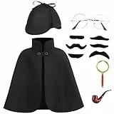 DELIVESS Sherlock Holmes Detektiv für Kinder für Jungen und Mädchen, Inspektor-Kostüm, Zubehör-Set, Halloween-Party-Outfit (40 cm, schwarz), 6-teilig