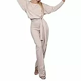 TSWRK Jumpsuit Damen Elegant Playsuit Langarm Overall Rundhals Lang Romper mit Gürtel