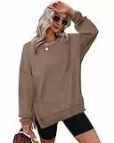 Aokosor Sweatshirts für Frauen Oversized Pullover Damen Rundhalsausschnitt Langarm Tops Side Split, coffee, 42