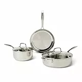 Amazon Basics 5-Teiliges Topfset, Edelstahl-Pfannenset für Alle Herdarten, Ofenfest bis 260°C, Spülmaschinenfest