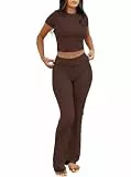 IWOLLENCE Lounge Set Damen Zweiteiler Hausanzug Kurzarm Oberteil mit Breitem Elastischem Hosenbund Schlaghose Loungewear Set (Dunkelbraun, M)