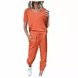 EMATOP Sportanzug Damen Sommer Kurzarm Tracksuit Casual Baumwolle Trainingsanzug 2 Teilig Einfarbig Jogginganzug Lose T-Shirt Top und Hose Freizeitanzug mit Taschen Sportswear für Running Yoga