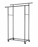 Sakugi kleiderständer auf rollen - Doppel-Kleiderstange mit eingebautem Netzboden, Robuster Garderobenständer für Schlafzimmer, Waschküche, Kleidergeschäft, 98 x 42 x 148 cm, Schwarz