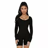 MeeQee Damen Yoga Jumpsuit U-Ausschnitt Langarm Rückenfrei Kurz One Piece Romper Sexy Gerippter Rippenstrick Bodysuit Slim Eng Stretch Workout Bodycon Sportanzug