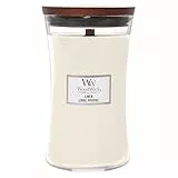 WoodWick Große Duftkerze im Sanduhrglas mit knisterndem Docht | Linen | bis zu 130 Stunden Brenndauer