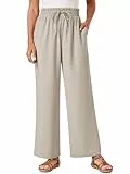Glacspyg Damen Hosen Casual Flowy Wide Leg Freizeithose High Waisted Kordelzug Palazzo Hosen mit Taschen Beige L