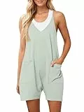 Ebifin Damen Latzhose Kurz Arbeitshose Sommer Lose Overall Jumpsuit Ärmelloser Latzhosen mit Große Taschen.Minze.XL