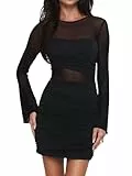 HESUUIO Sexy Langarm-Minikleid für Damen, Netzstoff, Blumendruck, figurbetont, kurz, Cocktail-Partykleid, Schwarz, XX-Large