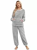Niwicee Schlafanzug Damen Lang Winter Thermo Pyjama Set Fleece Hausanzug Kuschelig Warmer Flanell Pyjama Nachtwäsche Zweiteiler Flauschig Lounge Anzug mit Sweatshirt und Hose Polar PjS(Grau,M)