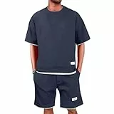Leinen Outfit Herren Kordelzug Atmungsaktive T-Shirt Und Shorts-Set Golfset Chino Trainingsanzug Sport Anzug Bequem Outfit Herren T-Shirt Und Shorts Sommer Trainingsanzug（Marine，XXL）