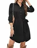 Florboom Damen Hemdkleid Elegant V Ausschnitt Langarm Kleider Herbst Freizeitkleid mit Knöpfen (Schwarz, M)