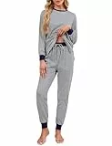 Namatime Schlafanzug Damen Lang Pyjama Set Baumwolle Zweiteiliger Nachtwäsche Winter Loungewear mit Taschen Marineblau L