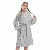 V.&GRIN Mädchen-Bademantel mit Kapuze, super saugfähig, schnell trocknend, Kinder-Bademantel für Bad und Pool, einfarbig, Blasenstruktur, Hellgrau, 9-10 Jahre