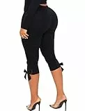 TZLDN Damen 3/4 Leggings Caprihose High Waist Capri Leggins mit Schleife Cropped Hose Cute Party Alltag Schwarz XL