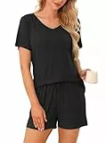 Wikoan Schlafanzug Damen Kurz Pyjama Set Zweiteiler Schlafanzüge für Damen Loungewear Hausanzug Pyjama Nachtwäsche Frauen Schwarz XL