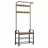 VASAGLE Garderobenständer, Garderobe, mit Schuhbank, 4-in-1 , 9 abnehmbare Haken, Kleiderstange, Eingangsbereich, Flur, 33,7 x 72 x 183 cm, Industrie-Design, walnussbraun-schwarz HSR040B41