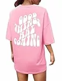 CMTOP T-Shirt Damen Oversize Shirt Hemden mit Kreativen Buchstaben Lose Rundhals Kurzarm Baumwolle Casual Tops Bluse Oberteil Sommer Basic Shirt Lang Top Sportshirt