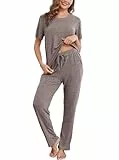 Wikoan Damen Schlafanzug Lang Zweiteiler Pyjama Set Rippenstrick Kurzarm Nachtwäsche Pyjama Oberteil und Pyjama Hose Sleepwear Dunkelbraun M