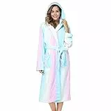 RONGTAI Damen Bademantel aus Plüsch-Fleece in Regenbogen mit Kapuze_ dicker Nachtmantel mit Taschen_ flauschiger Schlafanzug – Large