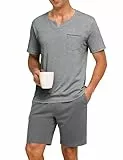 Terecey Herren Schlafanzug Set Kurzarm V-Ausschnitt T-Shirt Atmungsaktive Baumwolle Pyjama Set Kurze Hose mit Elastischem Bund Nachtwäsche Zweiteilige mit Tasche, Hellgrau L
