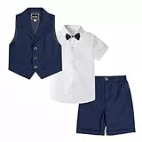 LOLANTA 4-teiliger Kinder Freizeit Anzug Set, Jungen Sommer Festlich Hochzeitsanzug, Kurzarm Hemd, Fliege, Weste, Kurze Hose, Dunkelblau, 6-7 Jahre, 140
