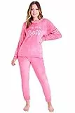 CityComfort Schlafanzug Damen Lang, Fleece Pyjama Damen Hausanzug Kuschelig (XL, Rosa)