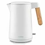 Arendo - Wasserkocher Edelstahl – 1,5 Liter - 2200 Watt – Doppelwand-Design – 360° Controller – BPA-frei – Überhitzungs- und Trockengehschutz - Weiß Matt - GS geprüfte Sicherheit