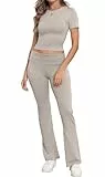 IWOLLENCE Lounge Set Damen Zweiteiler Hausanzug Kurzarm Oberteil mit Breitem Elastischem Hosenbund Schlaghose Loungewear Set (Taupe, S)