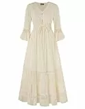 SCARLET DARKNESS Damen 3/4 Ärmel Kleid Boho Maxi Kleider Lace Tiered Retro V Hals Renaissance Kostüm Aprikose S
