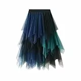 Damen Tüllrock Ballerina - Hochtaillierter A-Linie Midirock mit Plissee & Volant, Mehrschichtiger Unregelmäßiger Tuellrock mit Unterrock für Abschlussball & Party(Grün Blau, Einheitsgröße)