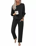 Ekouaer Schlafanzug Damen Lang Pyjama Set Langarm Nachtwäsche Warm Schlafanzüge Winter, Schwarz, XL