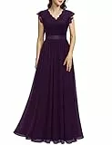 Dressystar Damen Abendkleid Elegant für Hochzeit Spitze V-Ausschnitt Party Ballkleider Festlich Chiffonkleider Grape M