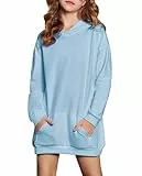 Arshiner Mädchen Hoodie Lang Kinder Winter Kapuzenpullover Mode Freizeit Einfarbiges Sweatshirt für Mädchen 11-12 Jahre Hellblau