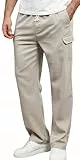 Zetieny Leinenhose Herren Lang Leichte Sommerhose Loose Fit Freizeithose Einfarbig Leinen Hosen Elastischer Bund Strandhose Herrenhosen mit Taschen Elastischer Bund