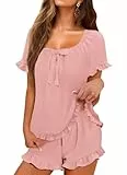 MARZXIN Schlafanzug Damen Kurz Pyjama Kurzarm Pyjamas Set Zweiteiliger Nachtwäsche Sleepwear Hausanzug U-Ausschnitt Rüschen Oberteil mit Schleife & Short für Sommer Rosa XXL