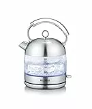 SEVERIN Retro Glas Wasserkocher, XXL-Füllvolumen von 1,7L, leistungsstarker und kompakter Wasserkocher im hochwertigen Retro-Design, elektrisch, Glas/Edelstahl-gebürstet, WK 3459