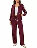 Terecey Jogginganzug Damen Set 2 Teiliges Lounge Trainingsanzug Frauen Streifen Sportanzug Fitnessanzug mit Taschen Herbst Langarm Reißverschluss Outfits Sets Tracksuit Freizeitanzug Weinrot XXL