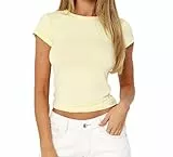 Damen Bauchfrei T-Shirt | Frauen Basic Kurzarm Crop Top | Y2K Casual Slim Fit Rundhalsshirt | Mode Trend Rosa/Blau/Braun | Damen legeres Oberteil(Light Yellow-168,S)