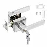 HSEAMALL Door Lever Handle Lock, Innentürgriff mit Schloss und Schlüssel Square Entry Türgriff für Schlafzimmer Büro Links-oder Rechtshänder (Silber)