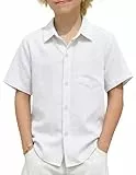 Arshiner Jungen Hemden Leinen Sommer Kinder Leichtes Kurzarmshirt Freizeit Komfort Hemd für Jungen 12-13 Jahre Weiß
