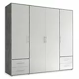 Stella Trading Kleiderschrank in Beton Optik, Weiß - Vielseitiger Drehtürenschrank 4-türig mit viel Stauraum für Ihr Schlafzimmer - 206 x 195 x 60 cm (B/H/T)