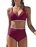 UMIPUBO Bikini Damen Set High Waist Bauchweg Push Up Zweiteiler V-Ausschnitt Bademode Hoher Taille Colour Blocking Mit Muschelkante Badebekleidung(Violett Rot,L)