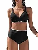 UMIPUBO Bikini Damen Set High Waist Bauchweg Push Up Zweiteiler V-Ausschnitt Bademode Hoher Taille Colour Blocking Mit Muschelkante Badebekleidung(Schwarz,XL)