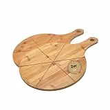 hausleben Pizzabrett 33 cm Bambus 2er Set – Rundes Schneidebrett mit Griff und Schneiderillen – Holz Pizzateller für Flammkuchen, Holzteller Servierbrett für Pizza, Leicht zu Reinigen