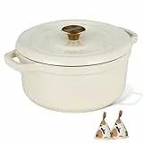 Overmont Bräter Emailliert Gusseisen Topf - Dutch Oven 26cm backofengeeignet mit Deckel und Kochbuch - für Braten Küche Backen Schmoren Weiß