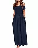 STYLEWORD Sommerkleid Damen Lang Maxikleid Sommer Marine Elegant Freizeitkleid Kurzarm Kleider mit Taschen
