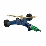 Relaxdays Sprinkler, 2 Arme, mit Rädern, Sprühradius ca. 4-5 m, stufenlos verstellbare Düsen, 3/4'' Anschluss, blau/Gold, 1 Stück