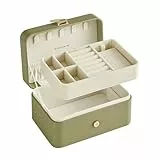 SONGMICS Schmuckkästchen Reise, Schmuckkasten klein, 2 Ebenen Schmuckaufbewahrung, tragbar, Schmuck-Reiseetui, für größere Accessoires, 11 x 16 x 8 cm, Geschenkidee, lorbeergrün JBC166C02