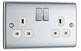 MasterPlug NBS22W Doppelpol-Steckdose, 2-Gang, 13 A, gebürsteter Stahl, weißer Einsatz Poliertes Chrom weißer Einsatz Gang Metal
